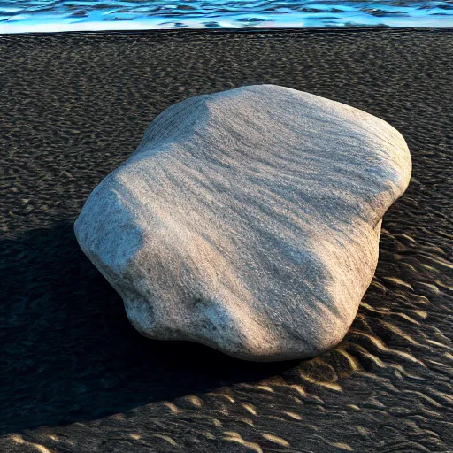 Image similar to a beautiful rock on the beach, octane render, nvidia raytracing demo, detailed, 8 k, masterpiece