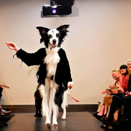 Image similar to a border collie dressed as a woman doing a fashion show in a theater, the audience consists of dogs, painted in acrylic