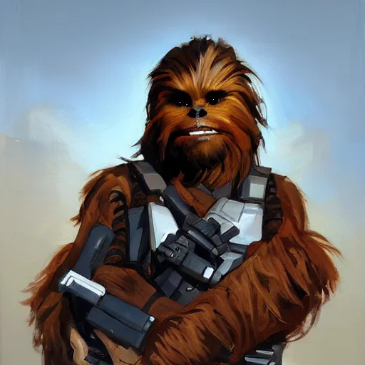 Image similar to greg manchess portrait painting of chewbacca as overwatch character, medium shot, asymmetrical, profile picture, organic painting, sunny day, matte painting, bold shapes, hard edges, street art, trending on artstation, by huang guangjian and gil elvgren and sachin teng