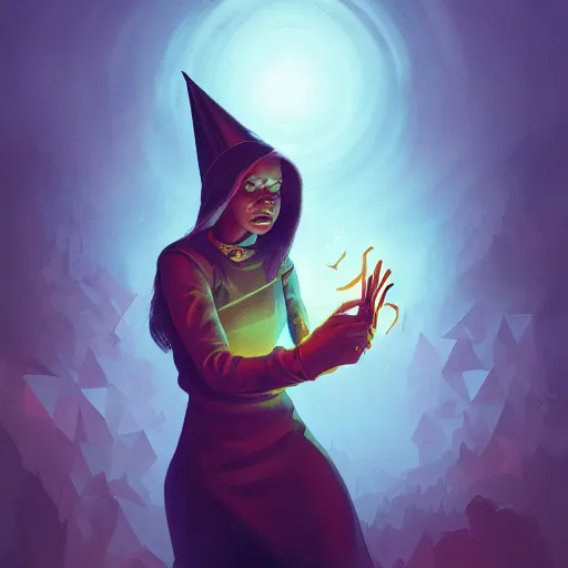 Prompt: anna podedworna illustration of black young witch casting a spell, geometric spell prism, fantasy, mtg, digital 2d, trending on artstation, artstation, dramatic lighting, blurred background, hyper detailed, ultrarealistic, masterpiece, digital art