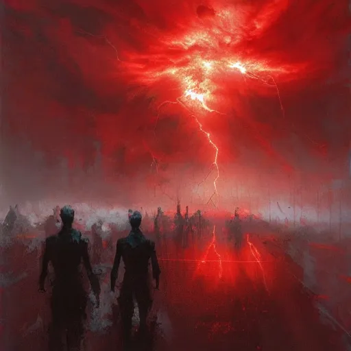 Image similar to a evil red storm brewing, eerie, death, lightning, end of world, eldritch, craig mullins
