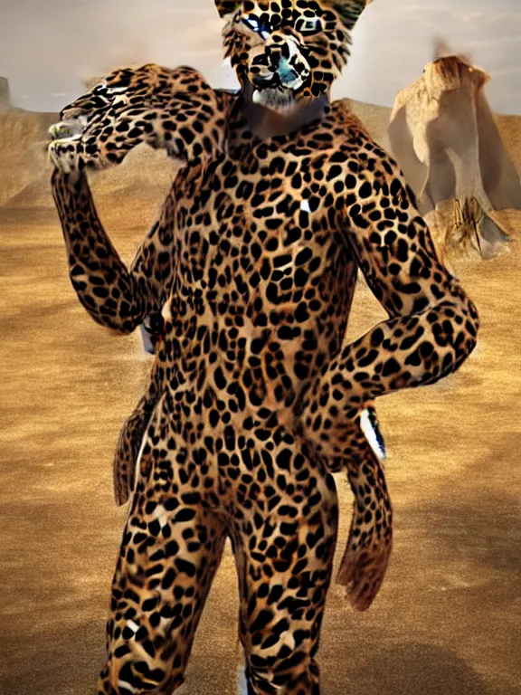 Prompt: realistic 3 d render, 🐆 photorealistic fullbody 🐆 👨 art portrait, strapping boots on and suiting up, getting ready for roughneck work, happy face, martian mining ⛏ colony, a handsome ♂ leopard furry, long fluffy fur, beautiful natural soft light, rim light