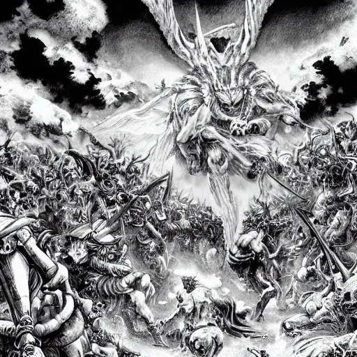 Image similar to a stunning digital masterpiece of hell and heaven at war by kentaro miura, hyper-detailed