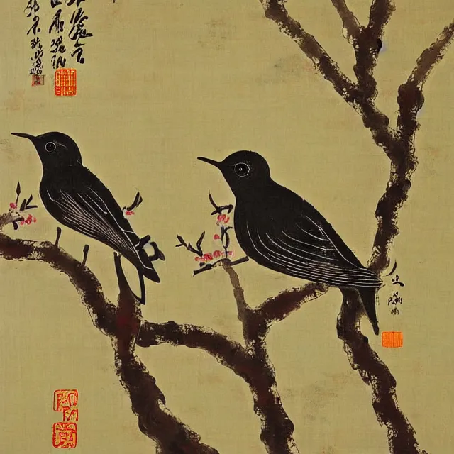 Image similar to a beautiful painting two nightingales kissed on the plum tree, by zhang daqian painting