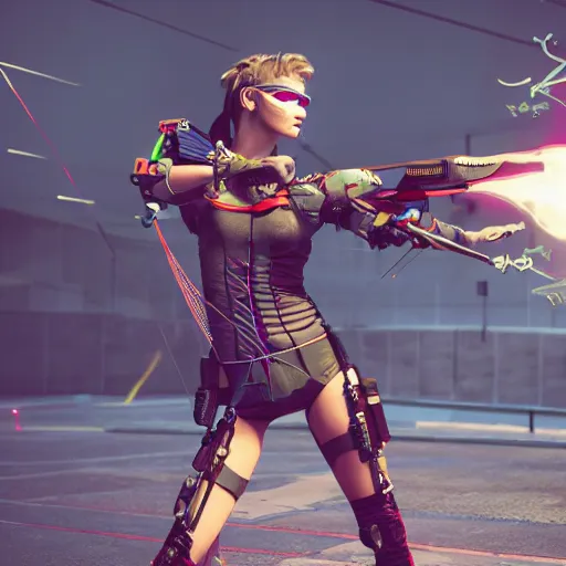 Image similar to photo of a cyberpunk female archer