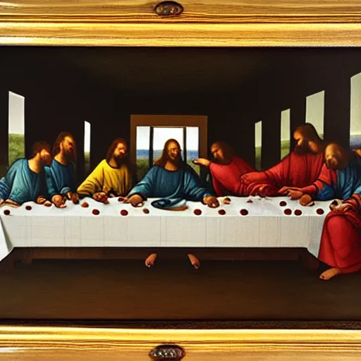 Image similar to high quality oil painting by leonardo da vainci, last supper with raven birds