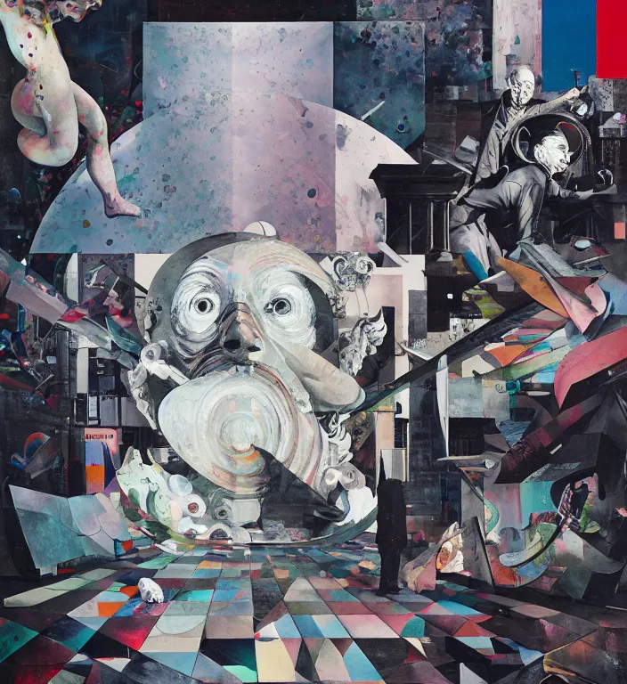 Image similar to decollage painting old white - headed man under the huge moon on a street of ruined city by adrian ghenie and takato yamamoto and edward hopper and mark ryden and tsutomu nihei, part by bridget riley, acrylic pour and splashing paint, very coherent, baroque elements, perfect anatomy, intricate design. pop art.