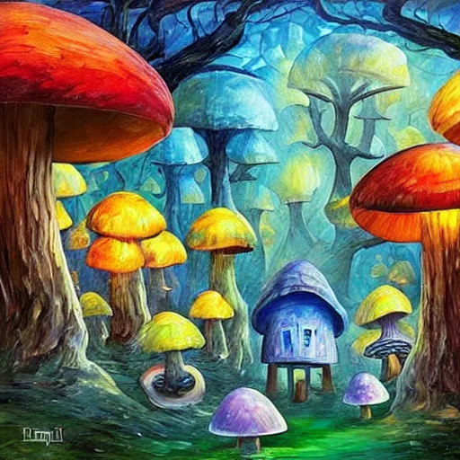 Prompt: blue glowing mushroom houses in a forest village, mushroom architecture, art by ricardo bofill, james christensen, rob gonsalves, paul lehr, leonid afremov and tim white