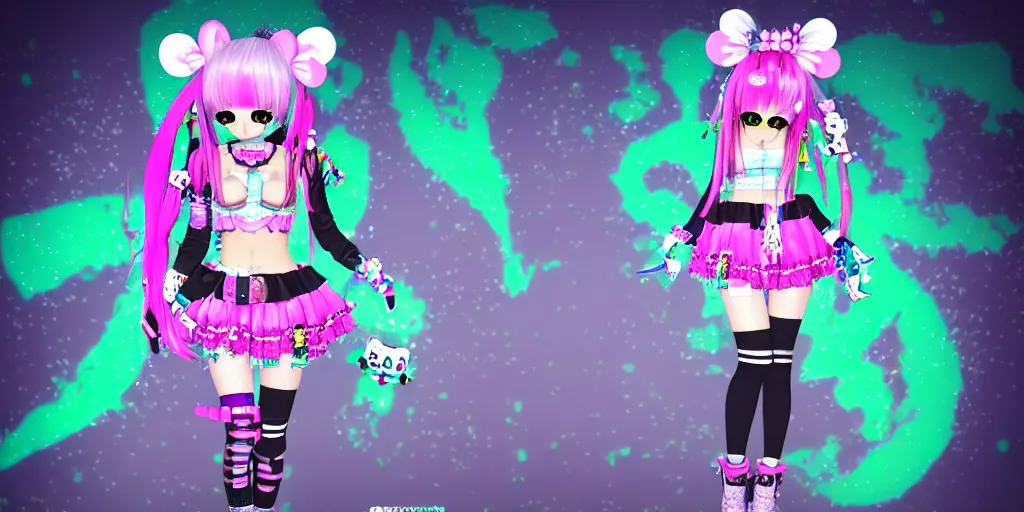 Image similar to 3 d anime render of a decora gyaru kawaii cybergoth emo fashion model vtuber, in a cyberpunk blade runner maximalist city of my melody sanrio plushies, artstation cgsociety