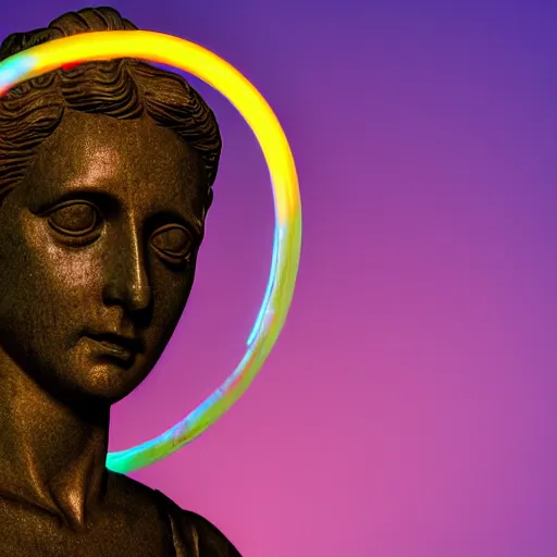 Image similar to a renaissance statue surrounded by a neon ring 3 d render, black background, ray tracing, 8 k resolution, shar focus, hyper detailed, hyper realistic