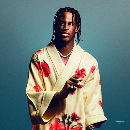 Image similar to Travis Scott in a kimono, figurine, studio lighting, blender, octane render, 8k, trending on artstation, high quality, detalied,