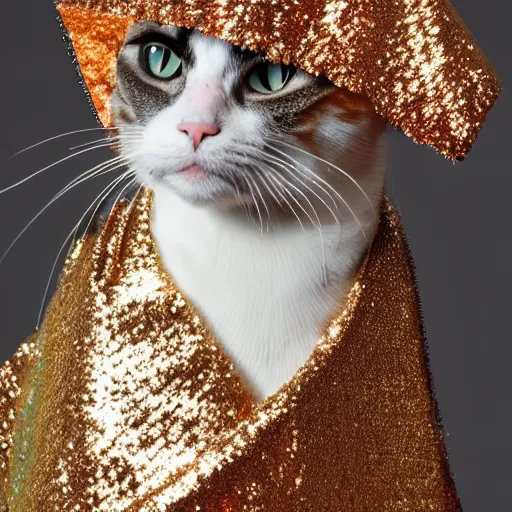 Image similar to a photo of a cat wearing a sequined cape, hyperrealistic, textured, animal portrait, f 2. 8