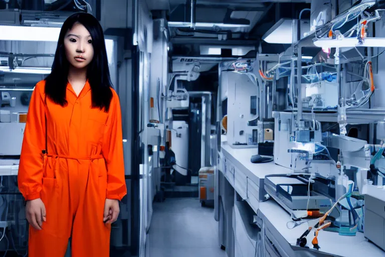 Image similar to a photograph of a beautiful young asian woman wearing an orange prison jumpsuit standing in a laboratory surrounded by sci fi medical equipment, cinematic lighting, sci fi, futuristic