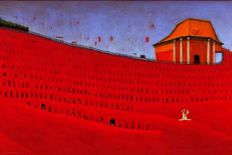 Image similar to only with red, a red great emperor, taormina amphitheatre, crowd with big smile, in the style of beksinski, parts by edward hopper, parts by rodcenko, parts by yue minjun, intricate and epic composition, red by caravaggio, insanely quality, highly detailed, masterpiece, red light, artstation, 4 k