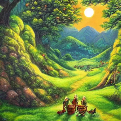 Image similar to a beautiful sun lite green valley with elves. painting.