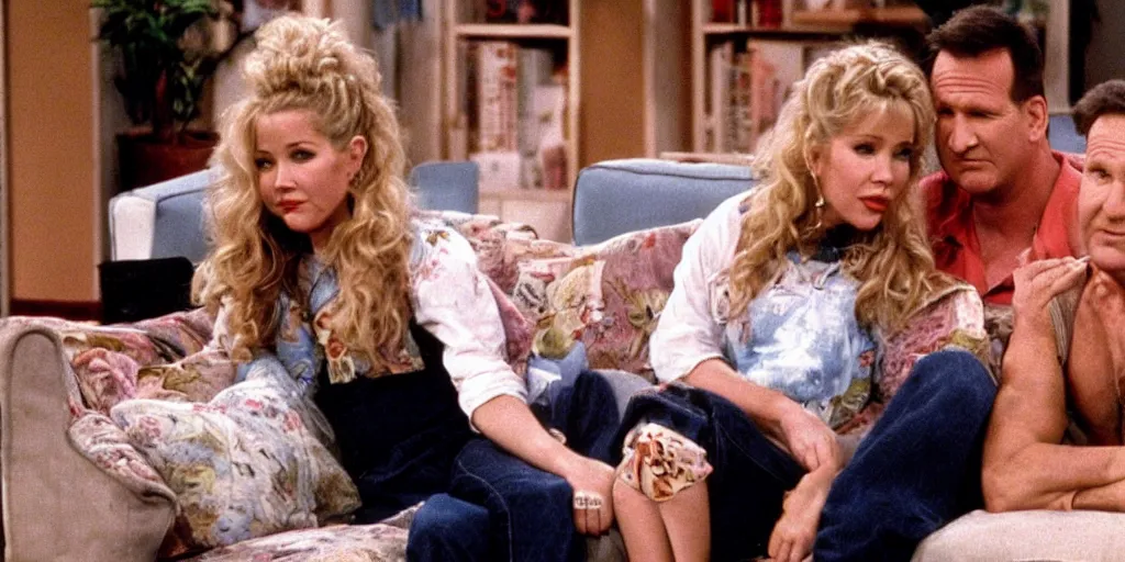 Image similar to Kelly Bundy (Christina Applegate) sitting next to Al Bundy (Ed O\'Neill) on the couch, Married with children (1989)