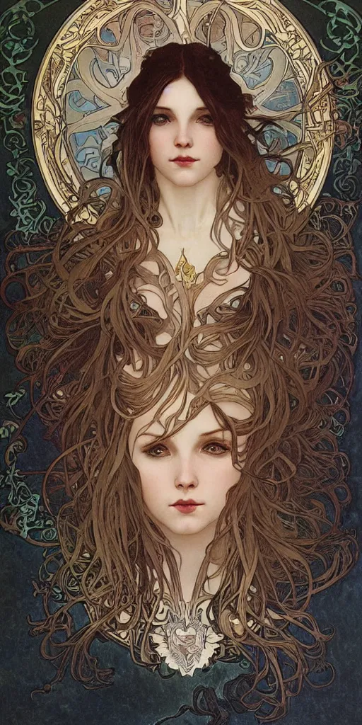 Image similar to realistic detailed face portrait of only one werewolf by Alphonse Mucha, Ayami Kojima, Amano, Charlie Bowater, Karol Bak, Jean Delville, Art Nouveau, Neo-Gothic, gothic, portrait of Mia Farrow, playing card suit hearts, playing cards, rich deep moody colors