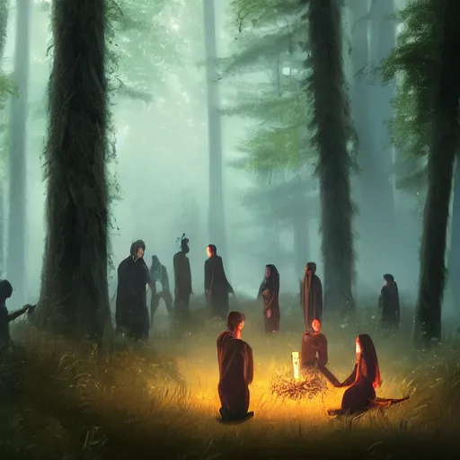 Prompt: group of vampires chilling at the forest smoking weed, realistic digital art 4 k, high quality, greg rutkowski, zabrocki, karlkka, jayison devadas, phuoc quan, trending on artstation, 8 k, ultra wide angle, zenith view, pincushion lens effect