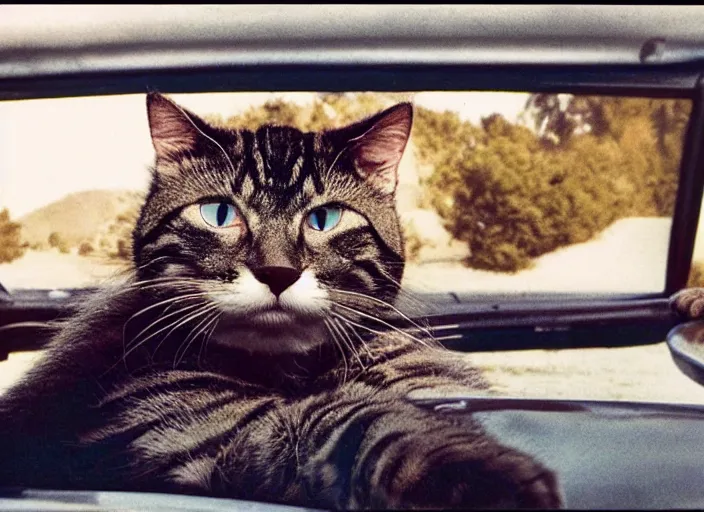 Image similar to A very high resolution image from a new movie, a cat driving a car around, inside of a car , mountains, Polaroid, directed by wes anderson