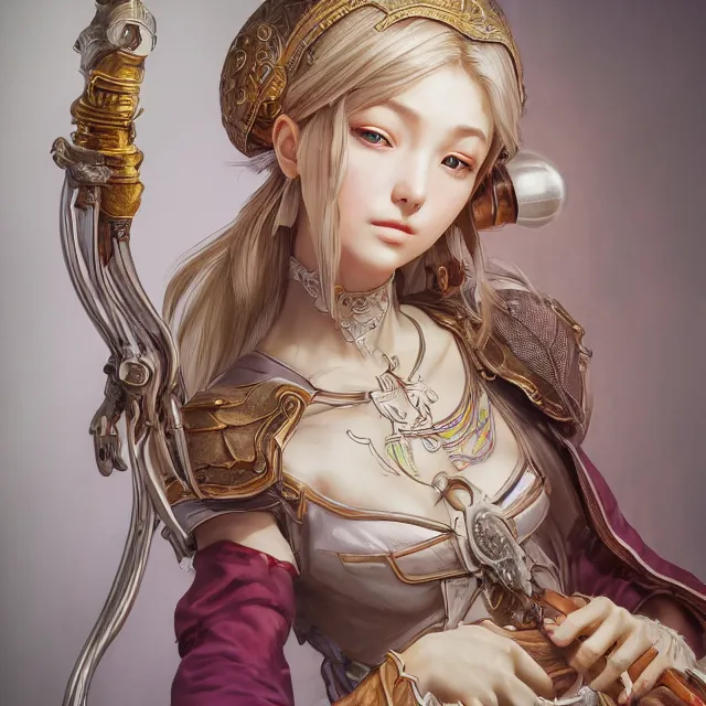 Prompt: studio portrait of neutral good colorful female cleric bard healer as absurdly beautiful, elegant, young skinny gravure idol, ultrafine hyperrealistic detailed face illustration by kim jung gi, intricate linework, sharp focus, bright colors, matte, octopath traveler, final fantasy, unreal engine highly rendered, global illumination, radiant light, intricate environment