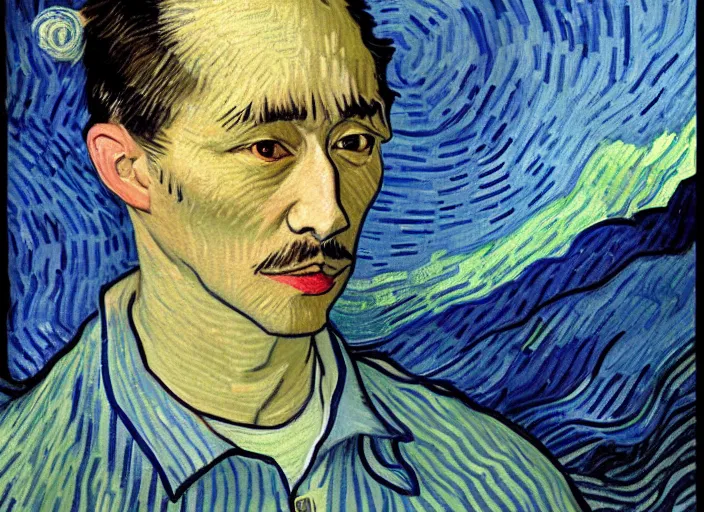 Image similar to Filthy Frank wearing blue dirty spaghetti stained dress shirt, rule of thirds, accurately portrayed, portrait art by Vincent van Gogh, highly detailed, digital painting, concept art, illustration, Japanese emperial flag with twilight rays of sunlight, trending on artstation, very detailed, smooth, sharp focus, octane render, close up