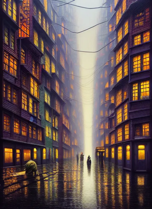 Image similar to hyper detailed 3d render like a Oil painting - the rainy city, by Jacek Yerka, Mariusz Lewandowski, Houdini algorithmic generative render, Abstract brush strokes, Masterpiece, Edward Hopper and James Gilleard, Zdzislaw Beksinski, Mark Ryden, Wolfgang Lettl, hints of Yayoi Kasuma, octane render, 8k