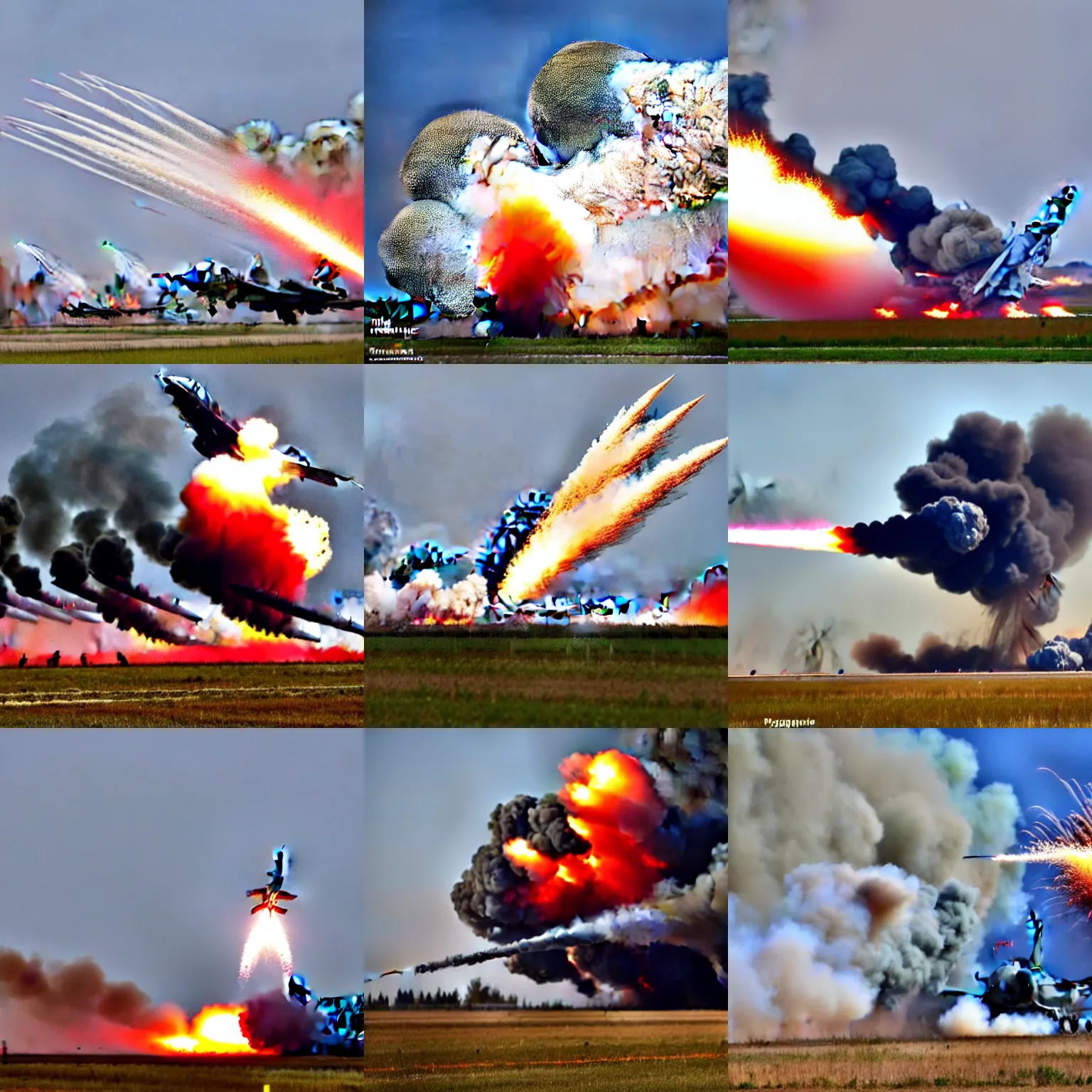 Prompt: photo journalism of russian military air base being attacked exploding, smoke, particles, dust, airplanes exploding, grain effect, award-wining, pulitzer, news