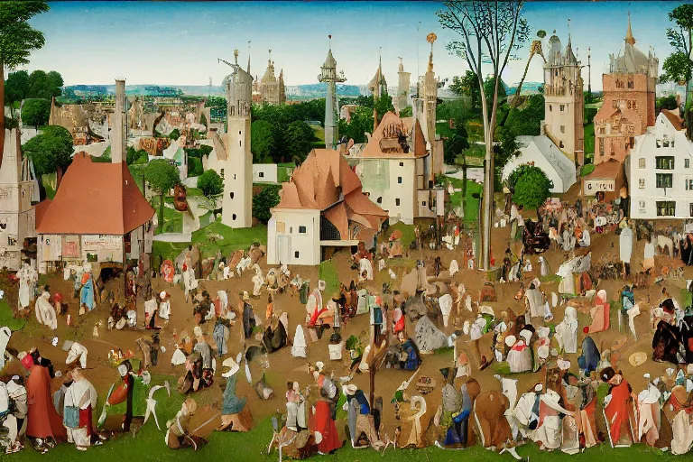 Image similar to an elaborate and dense painting of a peaceful neighborhood scene, detailed, made of alcohol ink on parchment and penned illustrations, by wes anderson and hieronymus bosch and geoff darrow