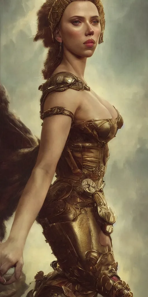 Prompt: the portrait of scarlett johansson as amazon in intricate dress by roberto ferri, fantasy, witcher, very detailed oil painting, masterpiece, 8 k