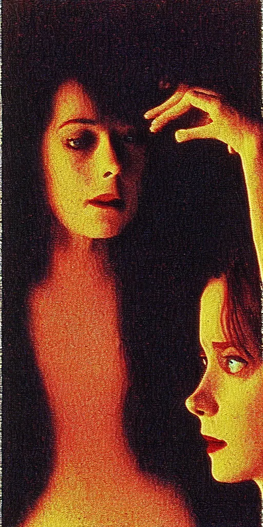 Image similar to a film still of suspiria by dario argento 1 9 7 7 movie, painted by georges seurat, impressionism, points, pointillism, high quality