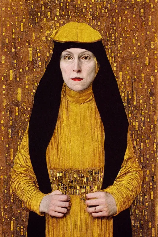 Prompt: portrait, vampire nun, opulent gold embroidered habit, art by klimt and jacek malczewski