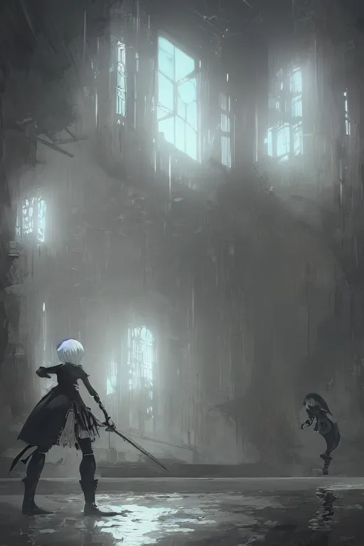 Image similar to an environmental concept art of nier automata, 2 b, highly detailed, environmental light, cinematic by francis tneh