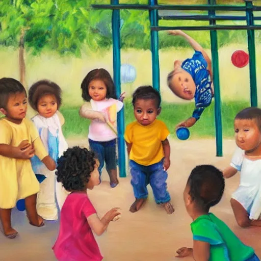 Prompt: an ethnically diverse group of toddlers. white. asian. hispanic. african. playing on a playground. oil on canvas exquisite. smooth. sharp focus. award winning. 8 k