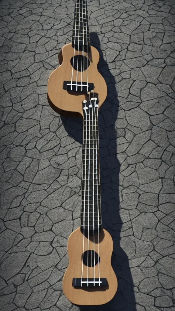 Image similar to ukulele statue in front of black slate stone, cgi rendering, 3D rendering, dramatic lighting, studio lighting, studio photography, gi, global illumination, physically based rendering, photorealistic, small details, intricate, dof, blur, bokeh, depth of field