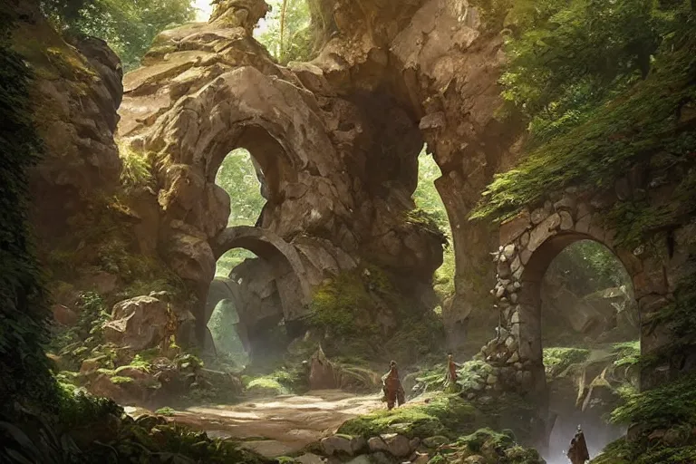 Image similar to big arch made of stones in a forest, d & d, fantasy, intricate, elegant, highly detailed, digital painting, artstation, concept art, matte, sharp focus, illustration, hearthstone, art by artgerm and greg rutkowski and alphonse mucha
