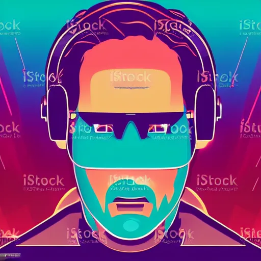 Prompt: a closeup of a man in retro colors, synthwave style, 2 d digital vector art