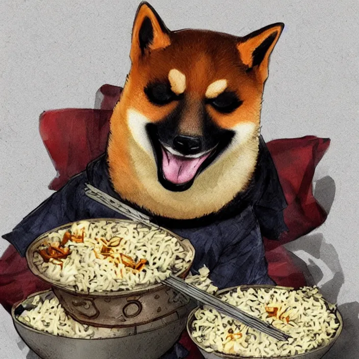 Prompt: a shiba-inu-samurai eating a bowl of rice, d&d concept art, incredible colors, heckin cool pupper