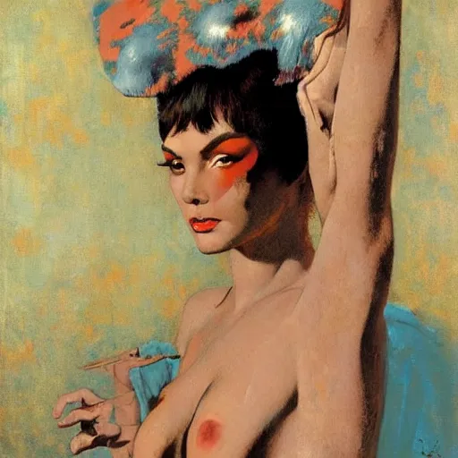 Prompt: Portrait frontal d'une femme chauve ricanante avec des cornes et des yeux bleus glacés, par Robert McGinnis.