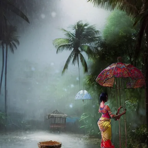 Image similar to monsoon on tropical island, oriental woman, ornate, beautiful, atmosphere, vibe, mist, coconuts, rain, wet, pristine, puddles, melting, dripping, snow, creek, lush, ice, bridge, forest, roses, flowers, by stanley artgerm lau, greg rutkowski, francis bacon