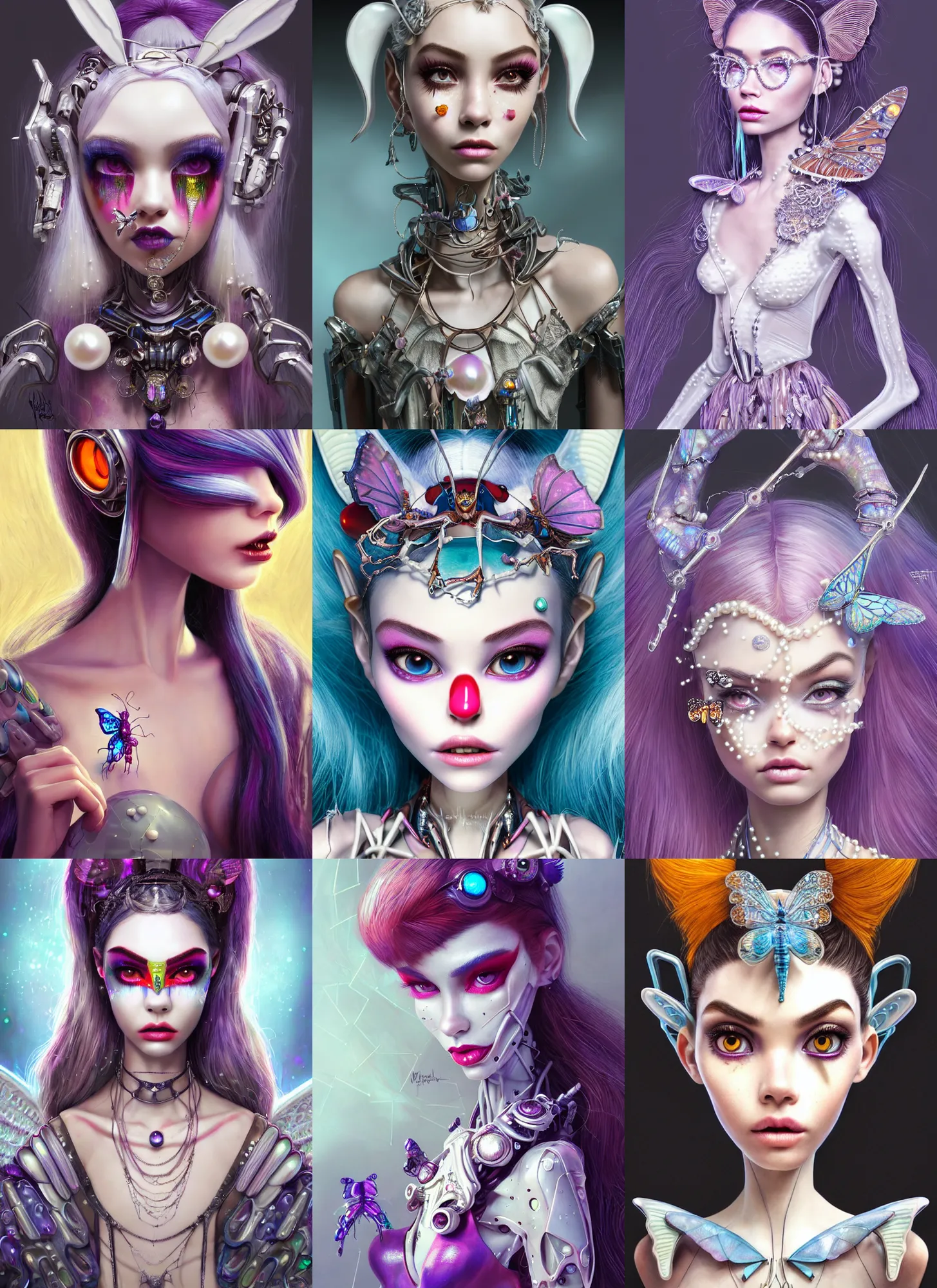 Prompt: pixar weta portrait, beautiful porcelain white honey crystal raver clowncore pearl devil angel madison beer cyborg woman, butterfly jewelry, sci - fi, fantasy, cyberpunk, intricate, elegant, highly detailed, digital painting, ever after high, octane render, artstation, concept art, smooth, sharp focus, illustration, art by artgerm, loish, wlop