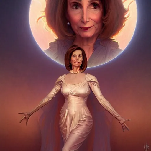 Image similar to Nancy Pelosi is a alien princess, cinematic lighting, intricate, elegant, highly detailed, digital painting, artstation, sharp focus, illustration, art by artgerm and greg rutkowski and alphonse mucha and Wayne Barlowe and william-adolphe bouguereau