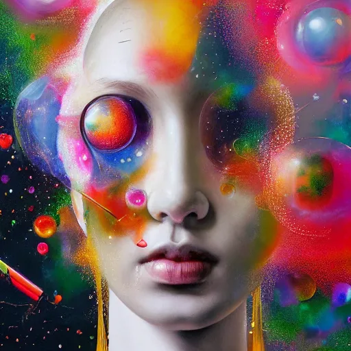 Image similar to surreal gouache painting, yoshitaka amano, ruan jia, conrad roset, bubbles, orbs, incredibly detailed, of floating molecules and a mannequin artist holding an icosahedron with stars, clouds, and rainbows in the background, retrowave, modular patterned mechanical costume headpiece, artstation masterpiece, minimalistic