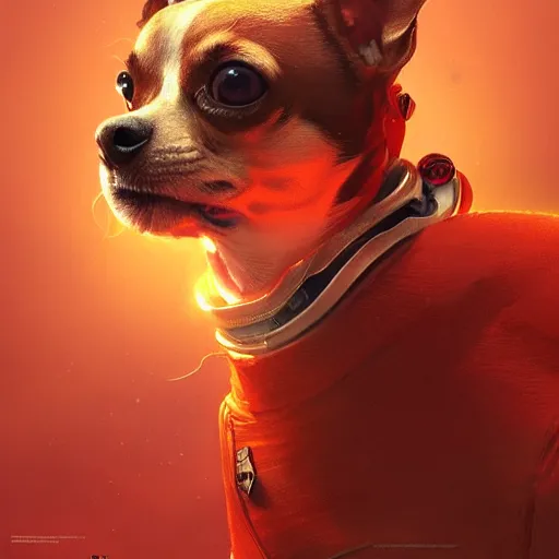 Image similar to A chihuahua as a space captain, intricate suit, cinematic lighting, highly detailed, digital painting, artstation, concept art, smooth, sharp focus, illustration, art by Artgerm and Greg Rutkowski