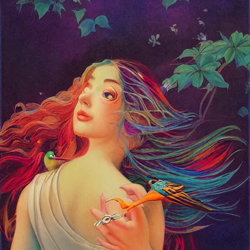 Image similar to A beautiful painting of a woman is shown from behind, her body slightly blurred as if in motion. Her long hair cascades down her back, and she is holding a small bird in her hand. full of color by Hikari Shimoda, by Maxfield Parrish, by Siya Oum rendered in octane