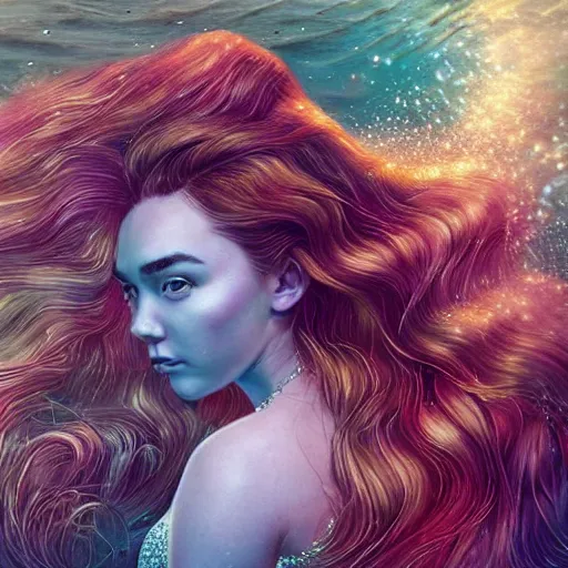 Image similar to “ florence pugh portrait, fantasy, mermaid, hyperrealistic, game character, underwater,, highly detailed, cinematic lighting, pearls, glowing hair, shells, gills, crown, water, highlights, starfish, goddess, jewelry, realistic, digital art, pastel, magic, fiction, ocean, queen, colorful hair, sparkly eyes, fish, heroic, waves, bubbles ”