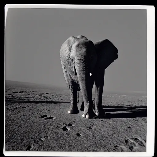 Prompt: extremely detailed black and white polaroid picture by john l. gaunt of a baby elephant standing on the moon's surface. very grainy picture. extreme lighting