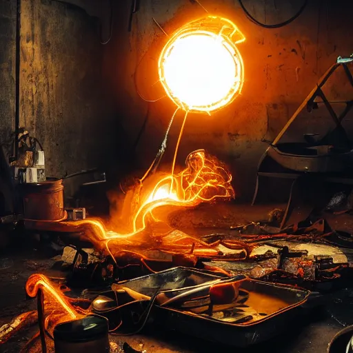 Image similar to red hot frying pan with bacon, tangles of metallic cables, dark messy smoke - filled cluttered workshop, dark, dramatic lighting, orange tint, sparks, plasma charges, cinematic, highly detailed, sci - fi, futuristic, movie still