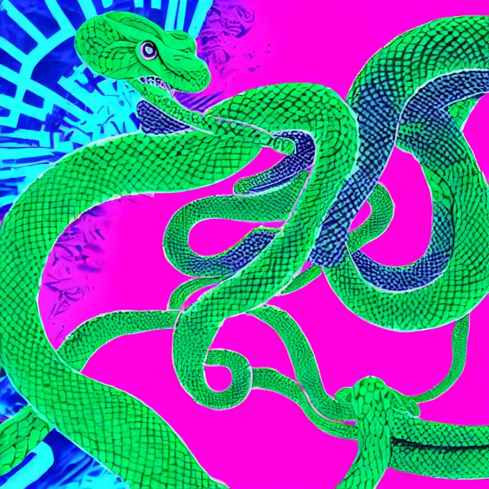 Prompt: A logo of a snake hissing ready to strike, with a vaporwave aesthetic.