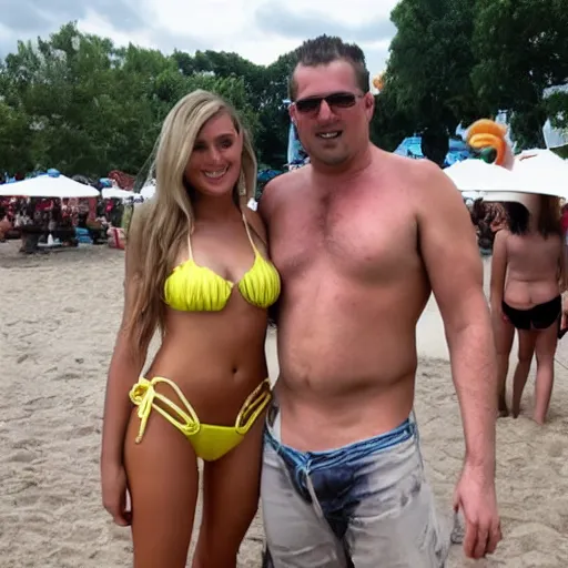 Prompt: photo of a 4 0 year old man that looks young for his age dating a very attractive 2 2 year old woman wearing a bikini. they at a rally.