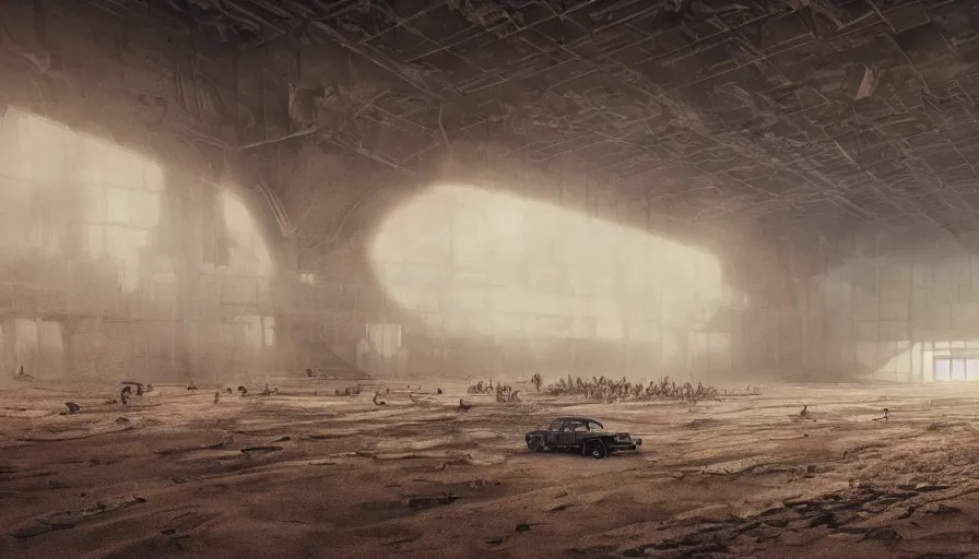 Prompt: Abandoned stadium under tons of sand during sandstorm in Mad Max, hyperdetailed, artstation, cgsociety, 8k